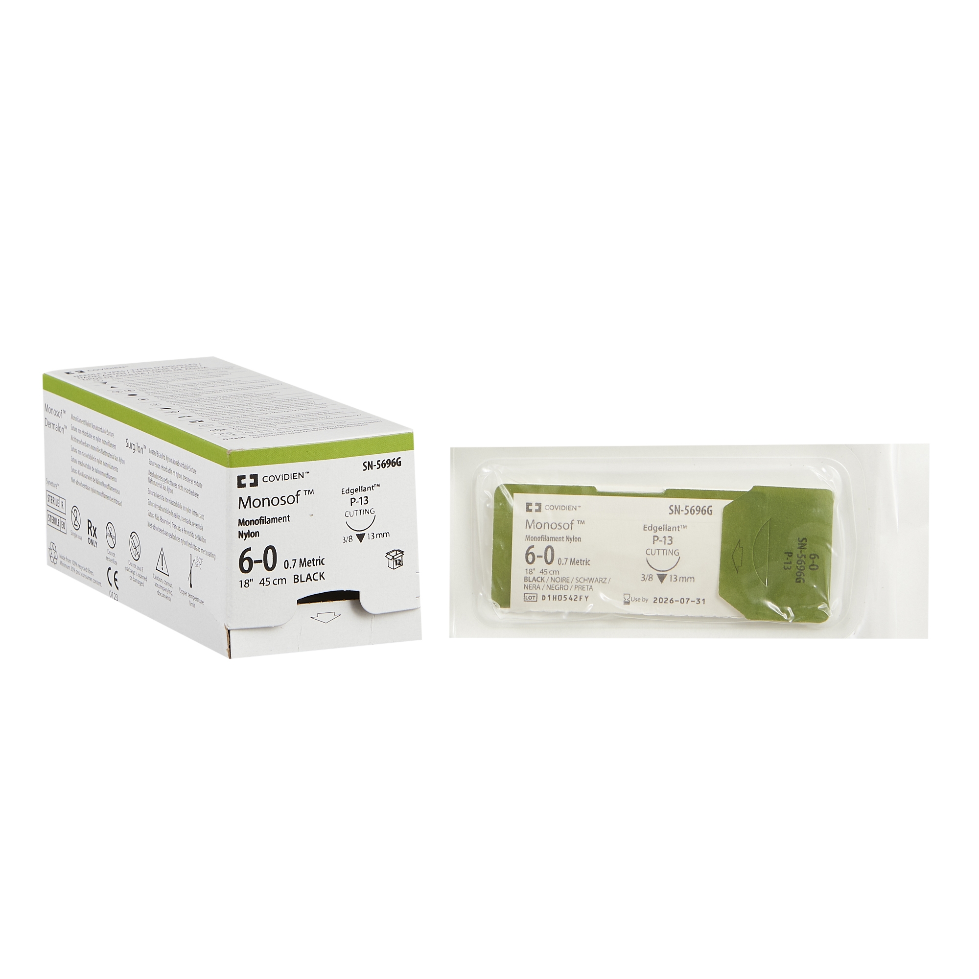 Suture with Needle Nonabsorbable Monosof™~Dermalon™ Nylon P-13 3/8 Circle Precision Reverse Cutting Needle Size 6 - 0 Monofilament by Medtronic/Minimally Invasive Therapies Group  ID SN-5696G